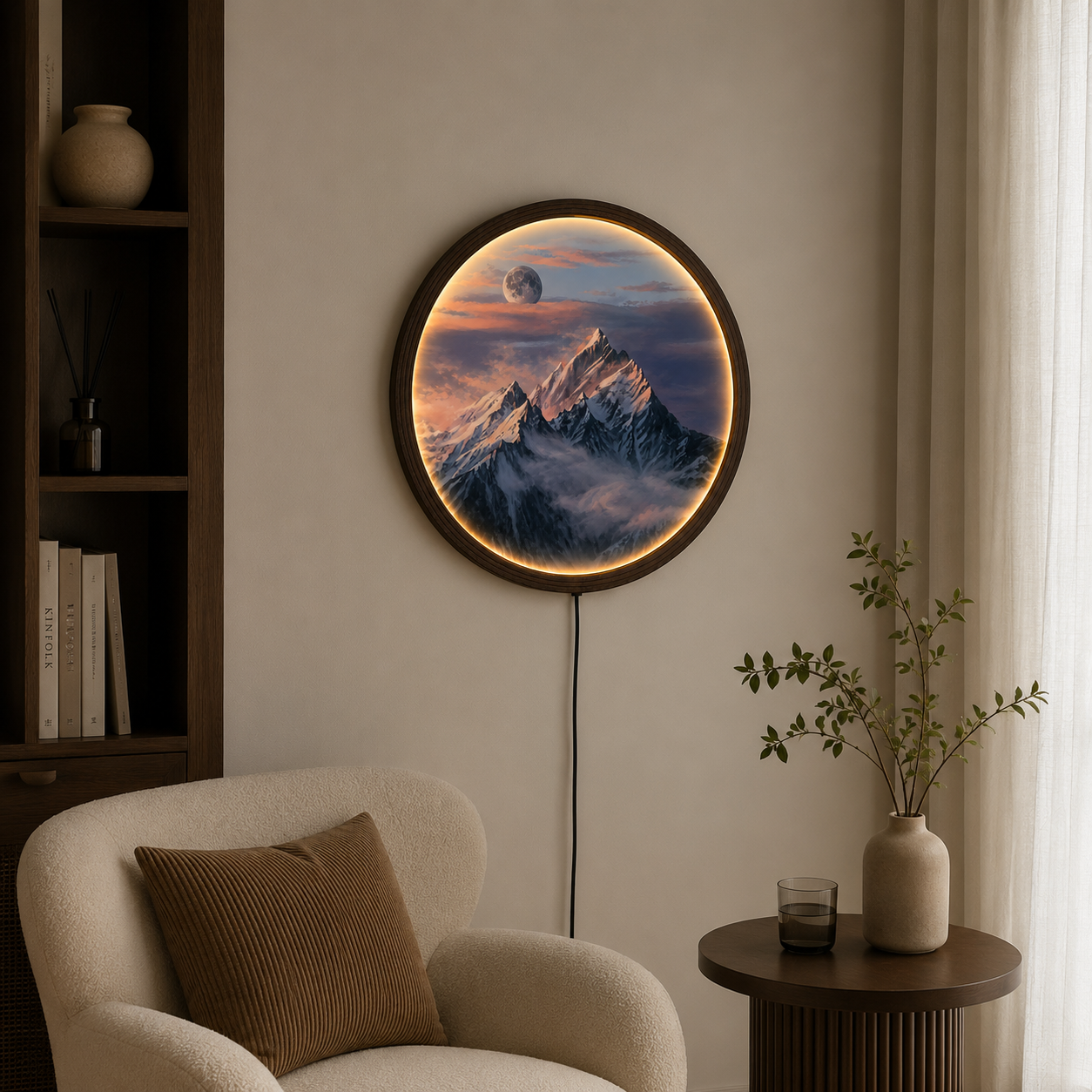 Moonlit Snow Mountain LED Wall Art – Round Backlit Mountain Landscape Decor with Warm Ambient Light