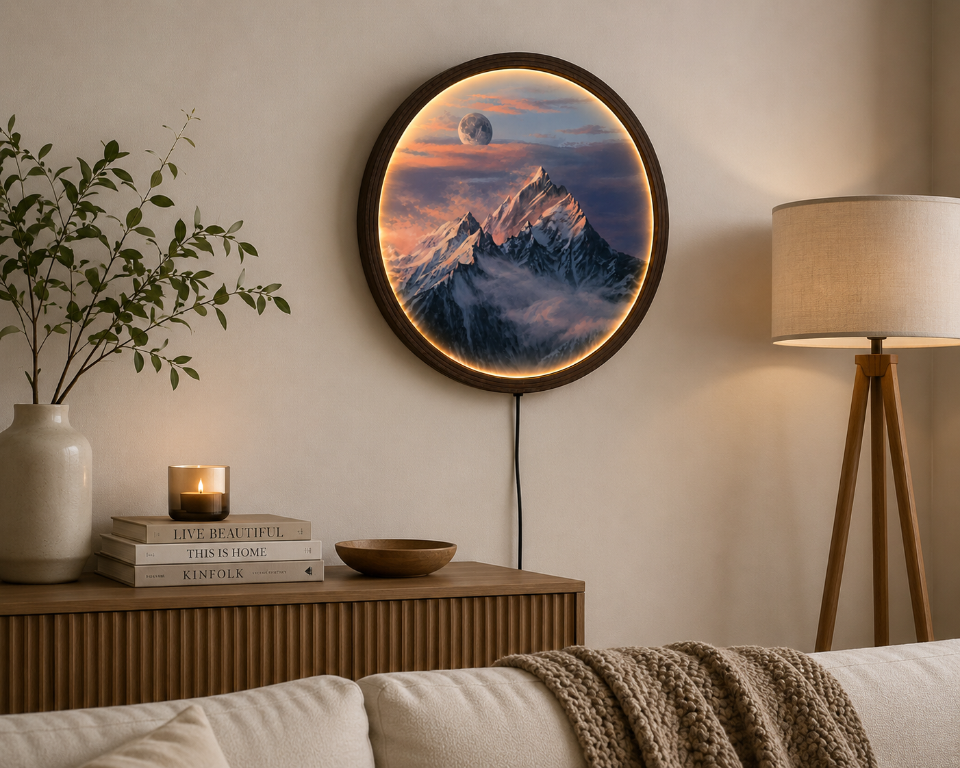 Moonlit Snow Mountain LED Wall Art – Round Backlit Mountain Landscape Decor with Warm Ambient Light