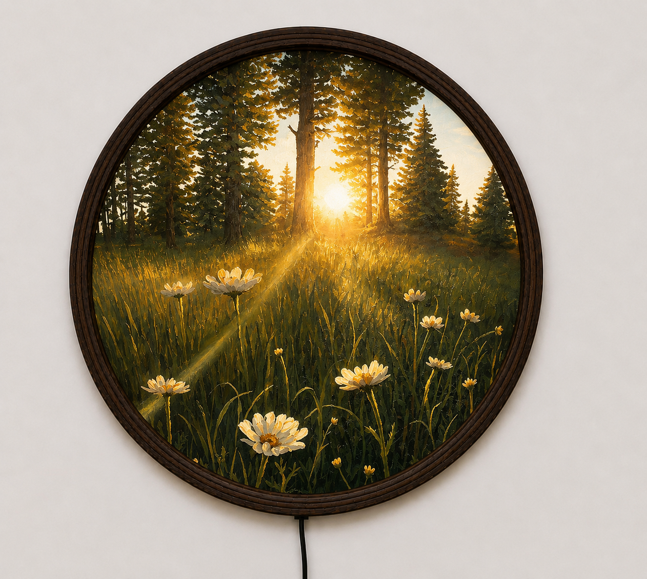 LED Forest Sunset Round Wall Art – Glowing Nature Landscape Wall Decor with Wooden Frame