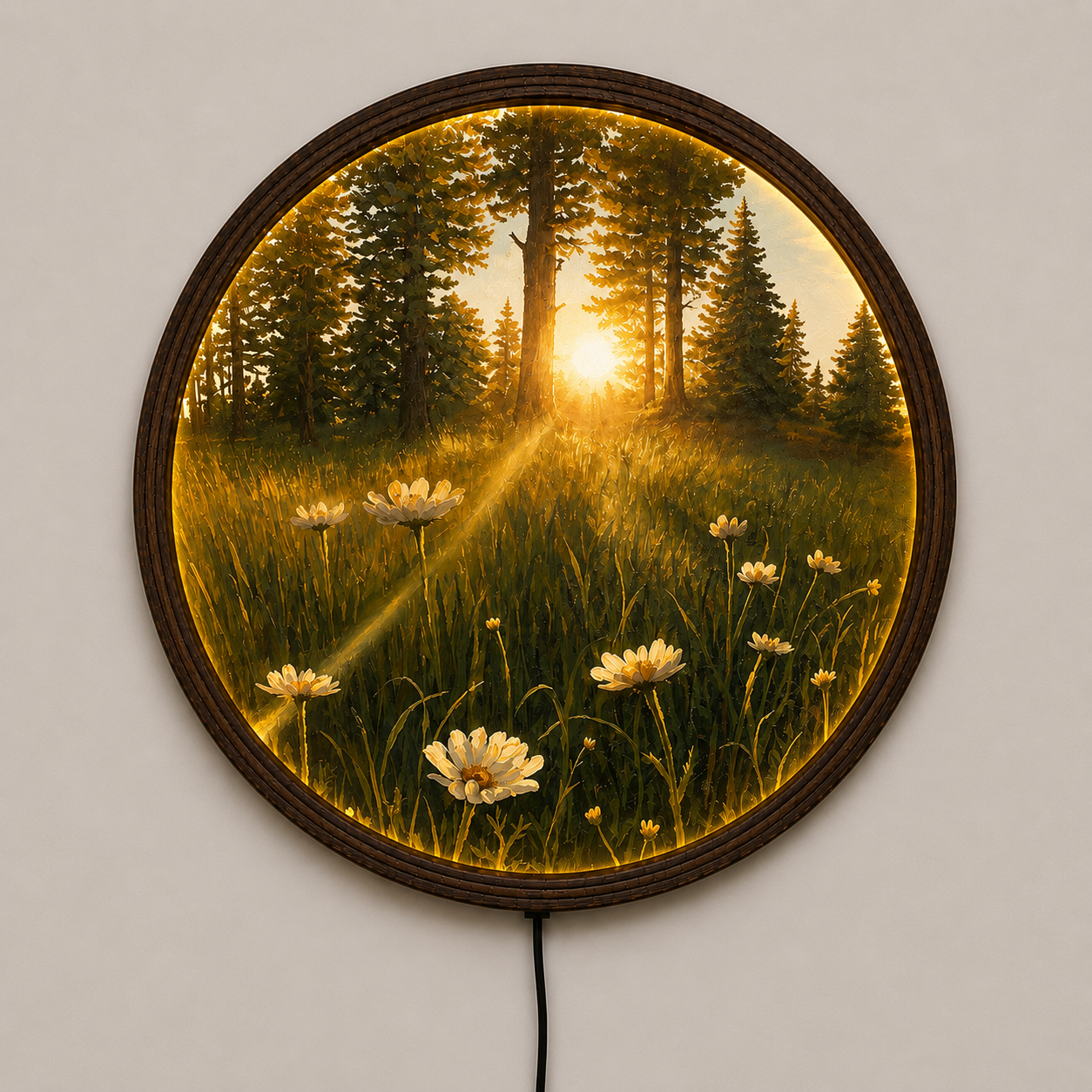 LED Forest Sunset Round Wall Art – Glowing Nature Landscape Wall Decor with Wooden Frame