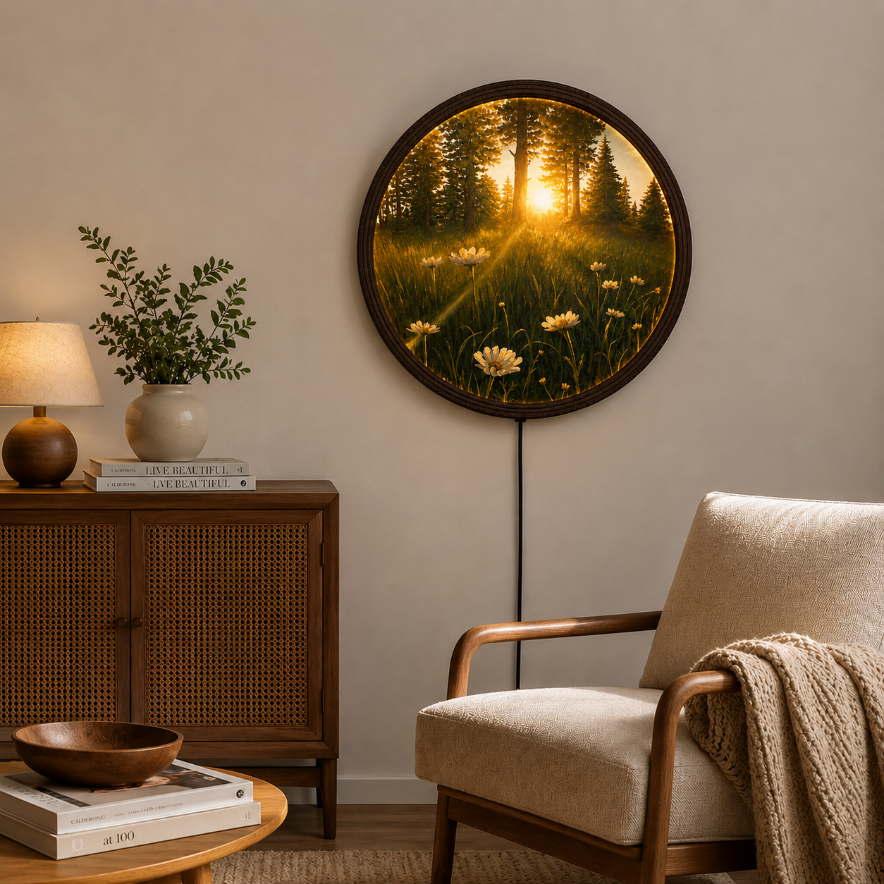 LED Forest Sunset Round Wall Art – Glowing Nature Landscape Wall Decor with Wooden Frame