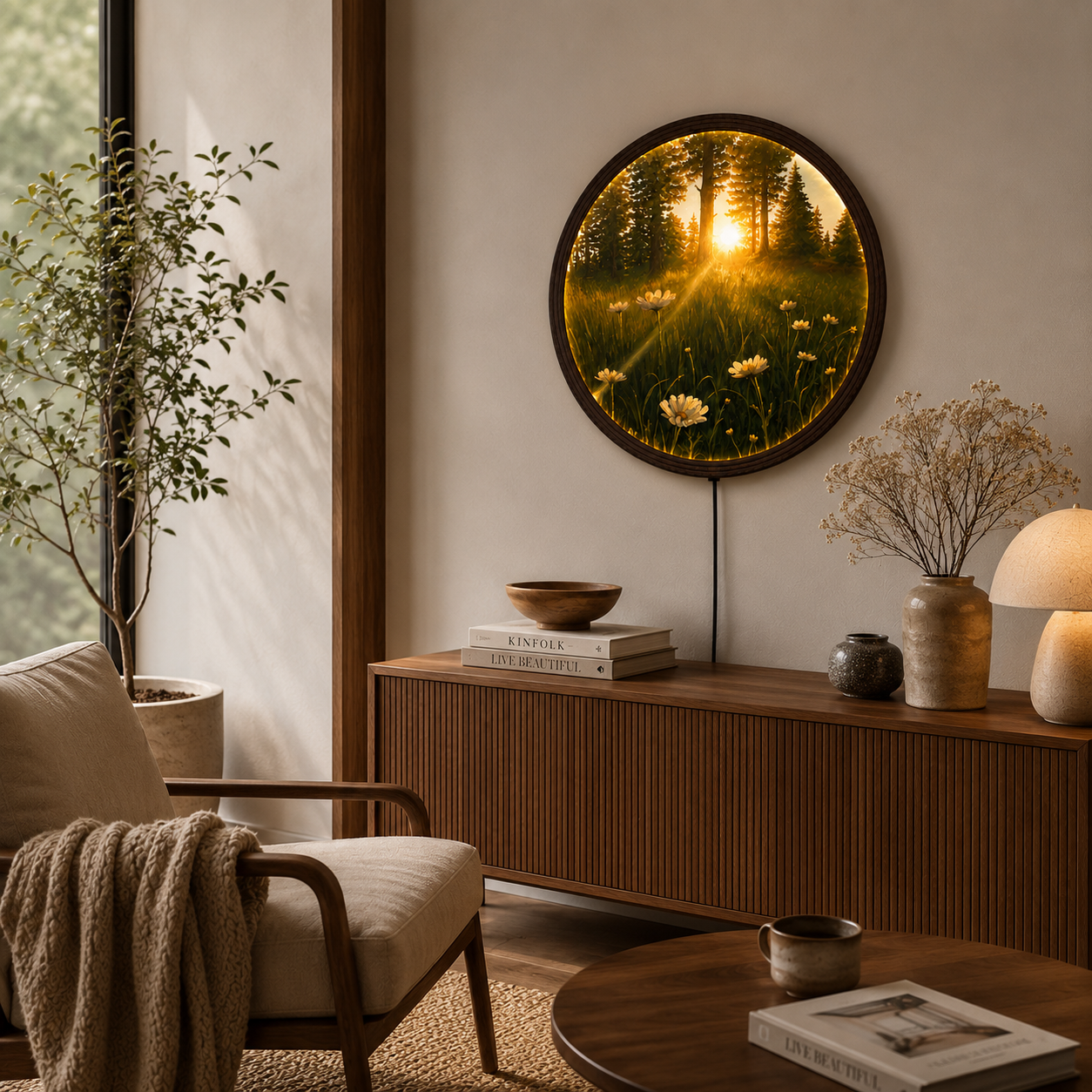 LED Forest Sunset Round Wall Art – Glowing Nature Landscape Wall Decor with Wooden Frame