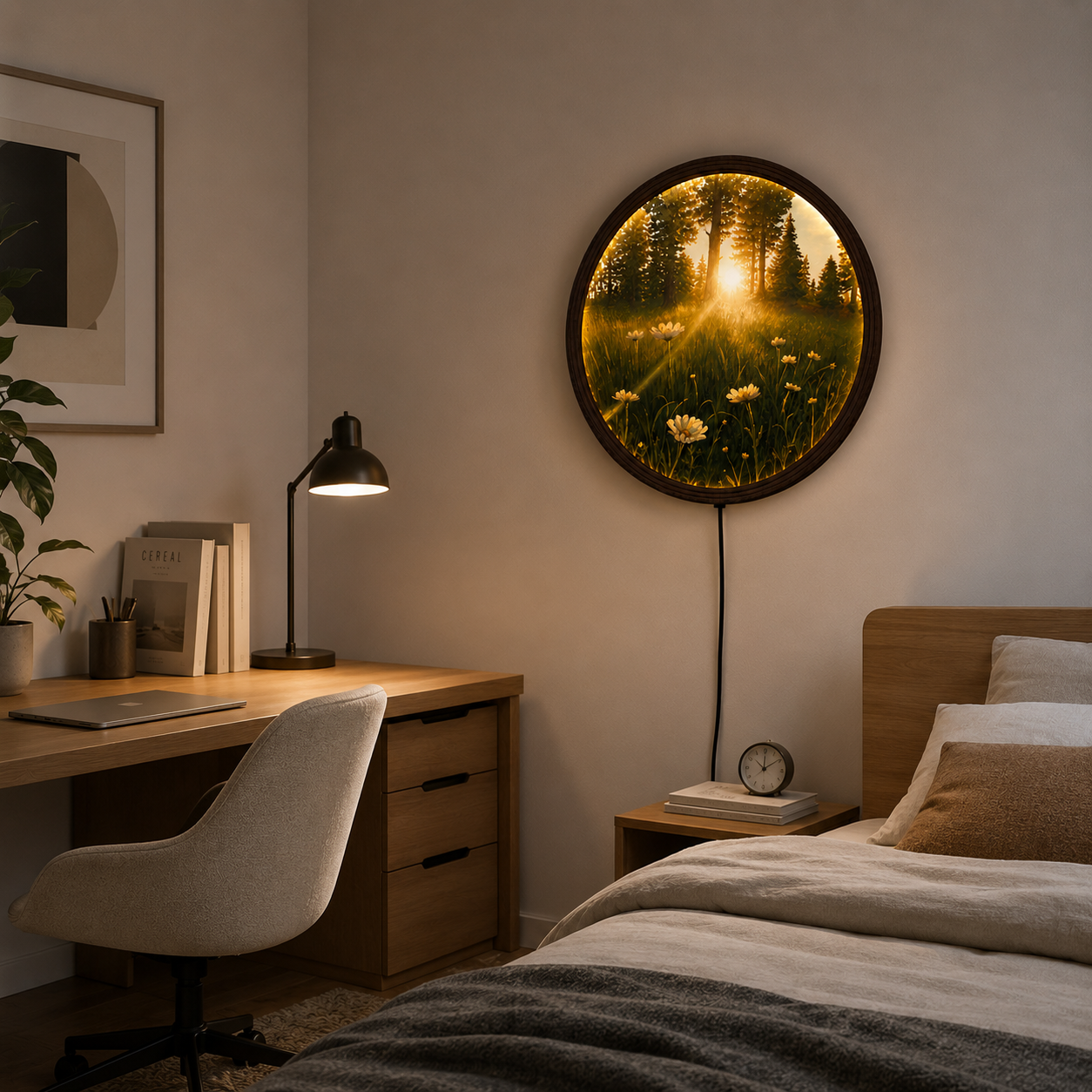 LED Forest Sunset Round Wall Art – Glowing Nature Landscape Wall Decor with Wooden Frame