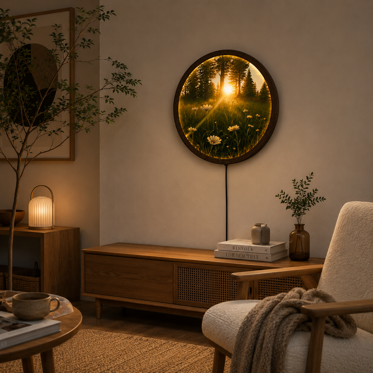 LED Forest Sunset Round Wall Art – Glowing Nature Landscape Wall Decor with Wooden Frame