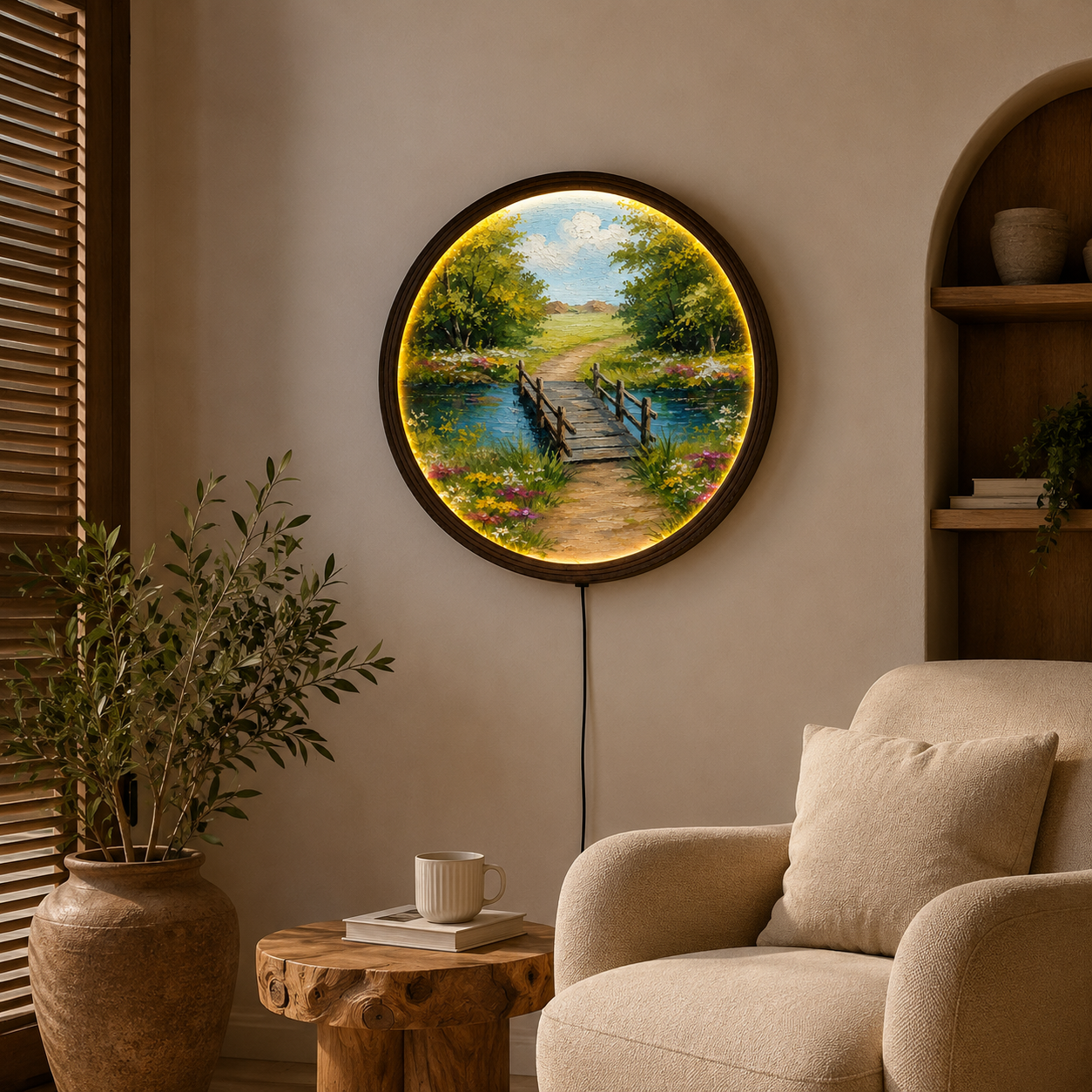 LED Lighted Round Landscape Wall Art – Rustic Wooden Bridge Nature Decor