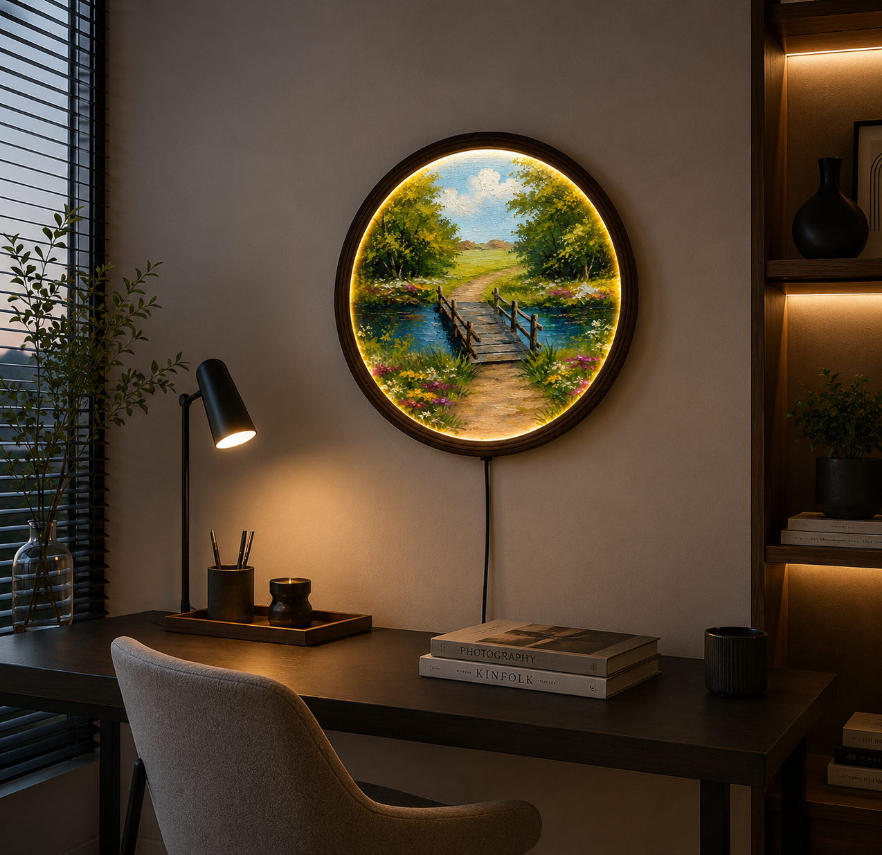 LED Lighted Round Landscape Wall Art – Rustic Wooden Bridge Nature Decor