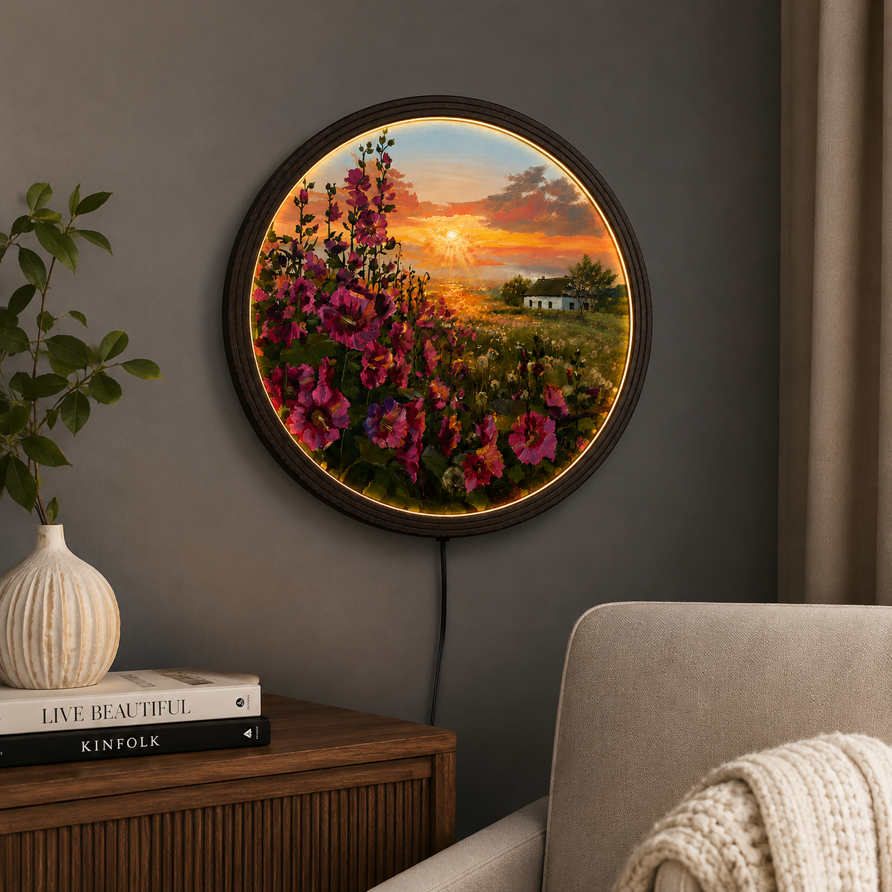 Sunset Wildflower LED Round Wall Art – Rustic Wooden Frame Home Decor