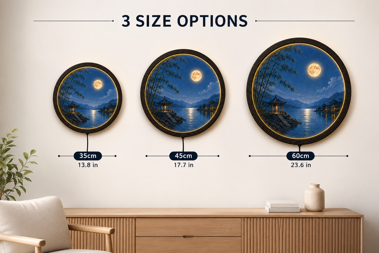 Round LED Moon Wall Art – Oriental Lake Landscape Lighted Wall Decor with Bamboo & Pavilion
