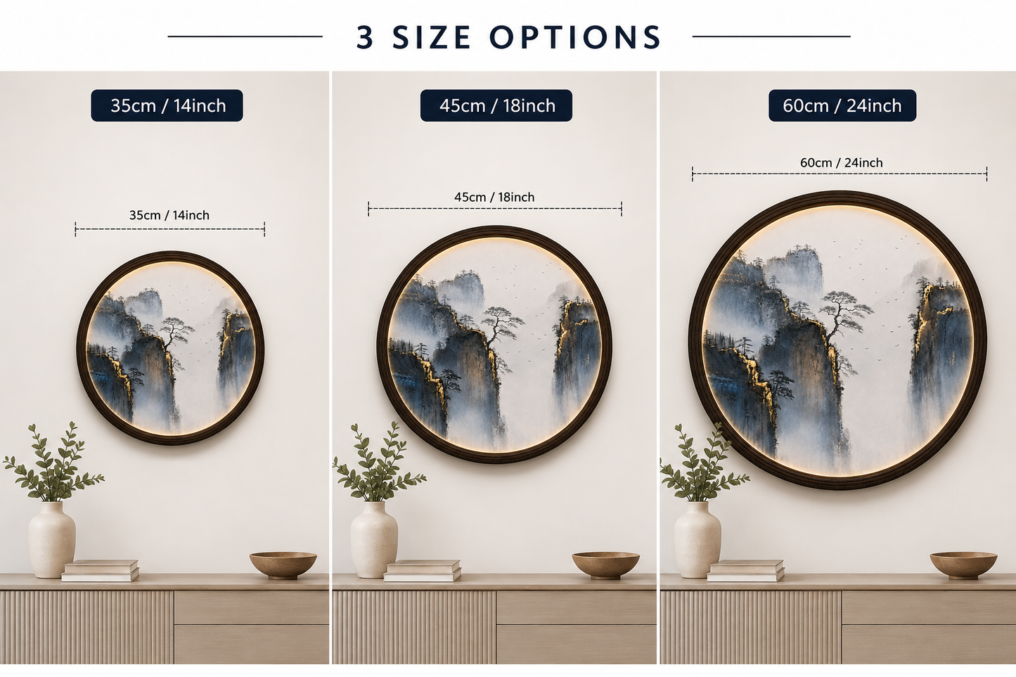 Round LED Mountain Landscape Wall Art – Chinese Ink Painting Lighted Wall Decor for Living Room