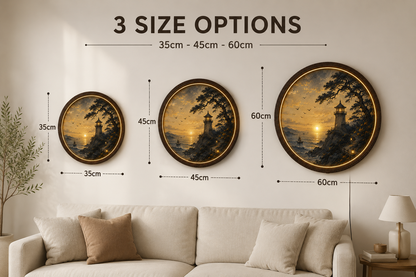 Sunset Lighthouse LED Round Wall Art – Coastal Seascape Lighted Wall Decor with Wooden Frame | Modern Home Decor