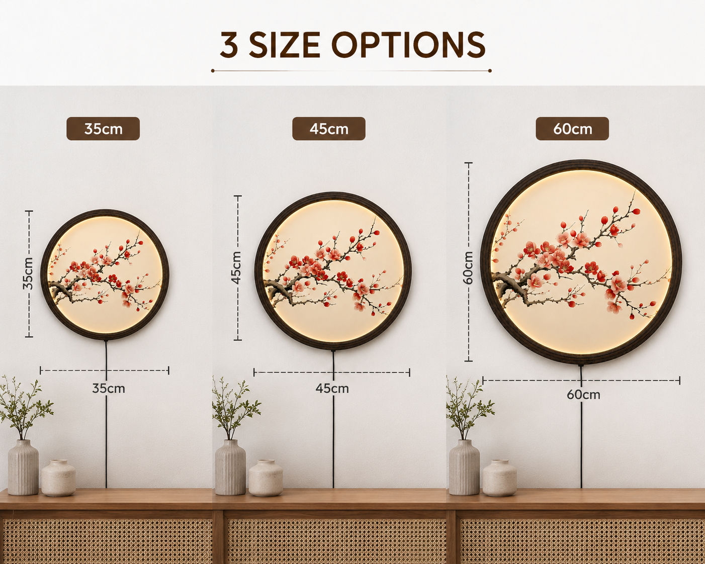 Japanese Plum Blossom LED Wall Art – Round Lighted Wall Decor with Wooden Frame
