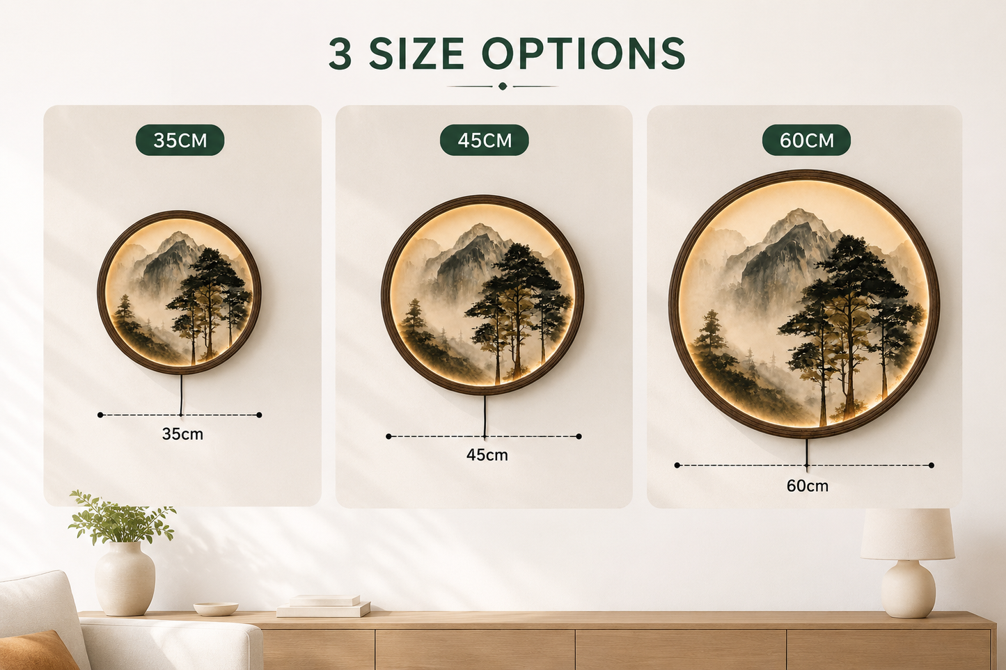 LED Mountain Wall Art – Round Wooden Frame, Japanese Landscape Home Decor