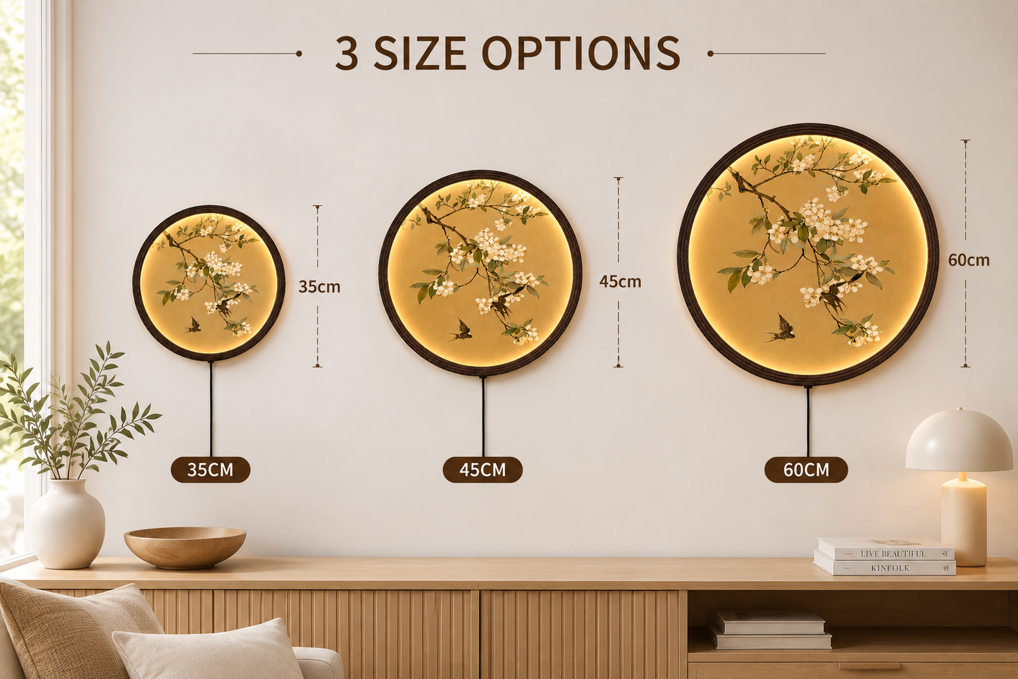 Japanese Cherry Blossom LED Wall Art – Round Lighted Wall Decor for Living Room