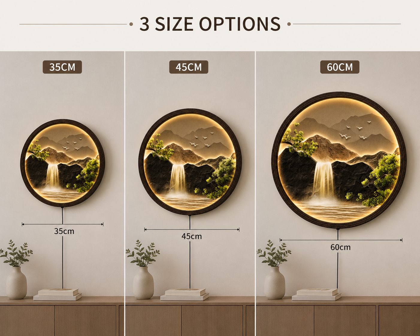 Round LED Waterfall Wall Art – Modern Mountain Landscape Decor
