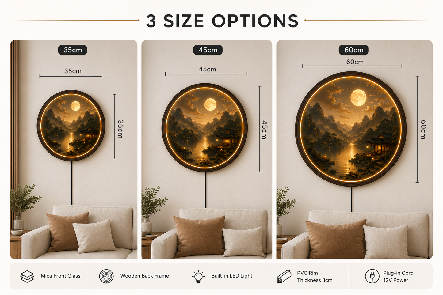 Moonlit Mountain Landscape LED Wall Art – Round Lighted Asian Zen Decor