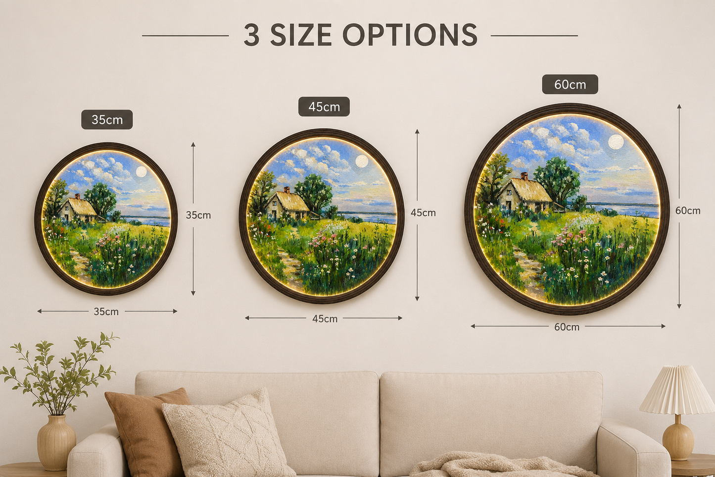 Round LED Cottage Landscape Wall Art – Rustic Nature Home Decor
