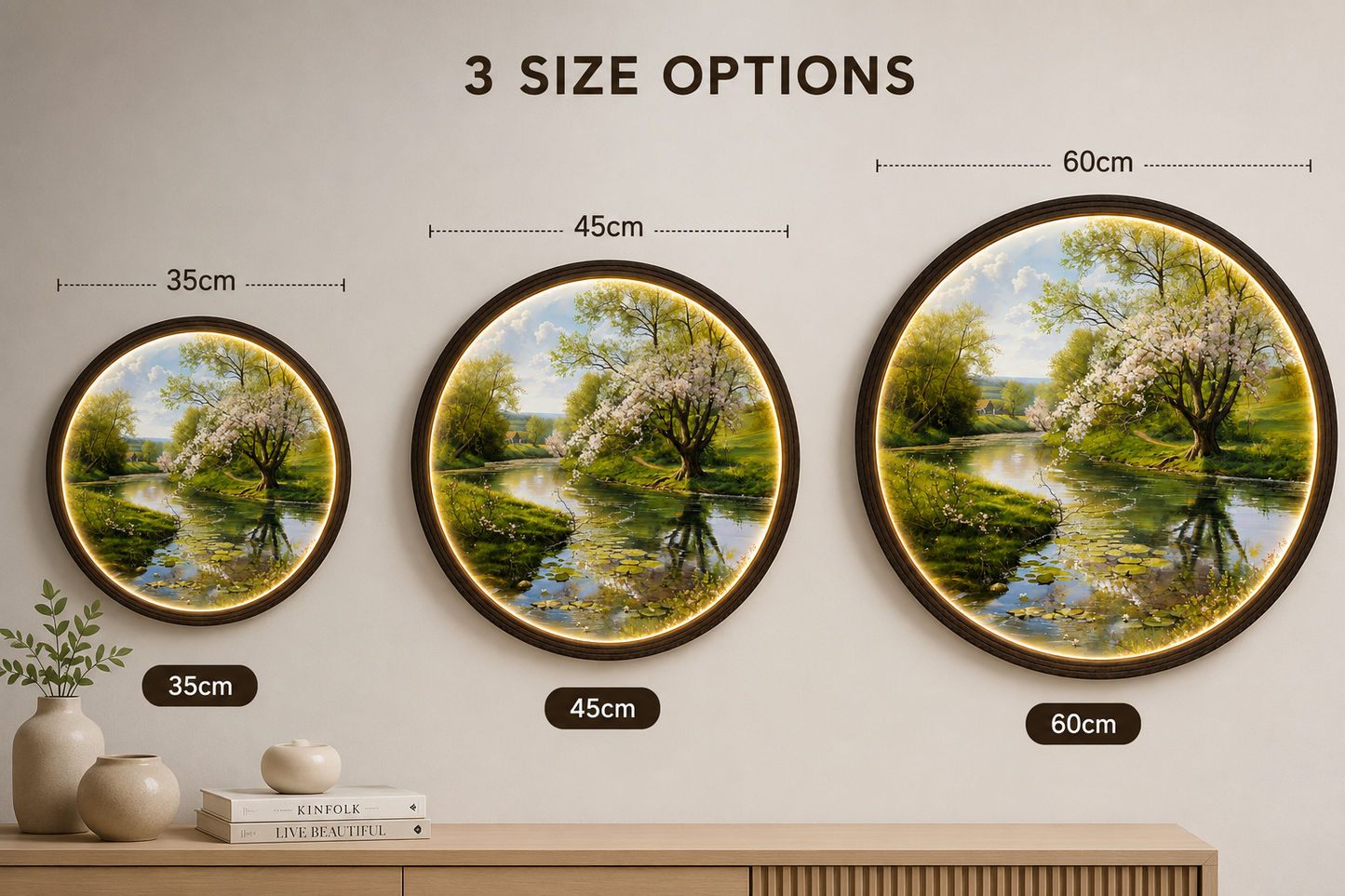 Round LED Spring Landscape Wall Art – Cherry Blossom River Lighted Wall Decor for Living Room