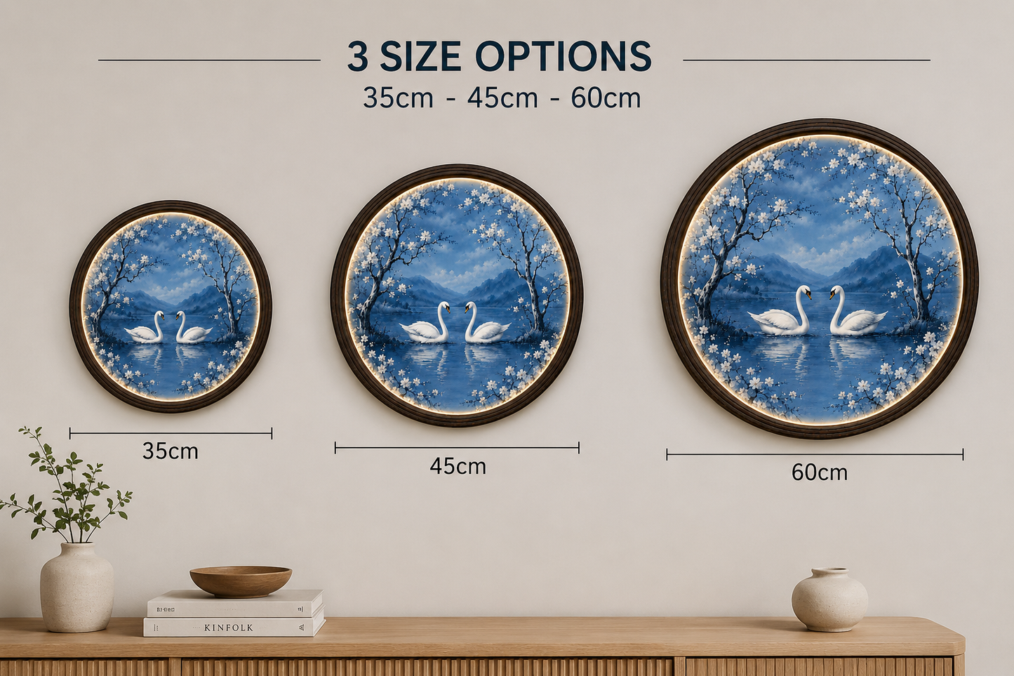 Elegant Swan Lake LED Round Wall Art | Cherry Blossom Landscape | Illuminated Home Decor | Modern Living Room Wall Hanging