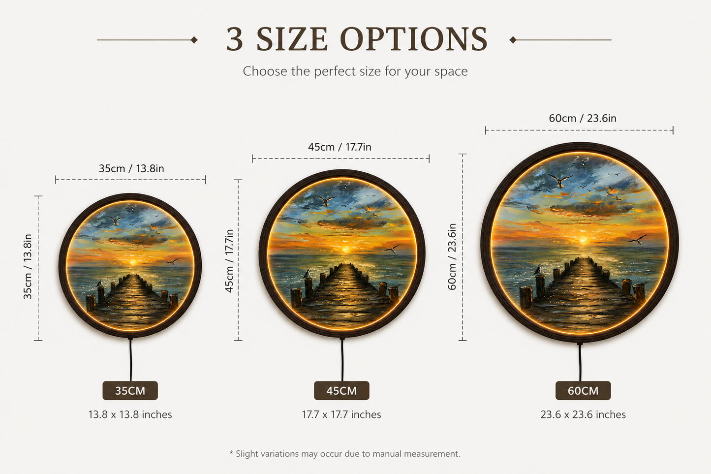 Sunset Ocean Pier LED Wall Art – Round Coastal Landscape Lighted Wall Decor with Wooden Frame for Living Room & Bedroom