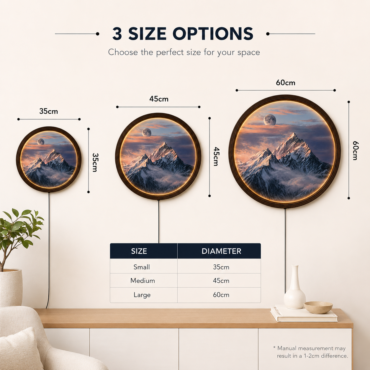 Moonlit Snow Mountain LED Wall Art – Round Backlit Mountain Landscape Decor with Warm Ambient Light