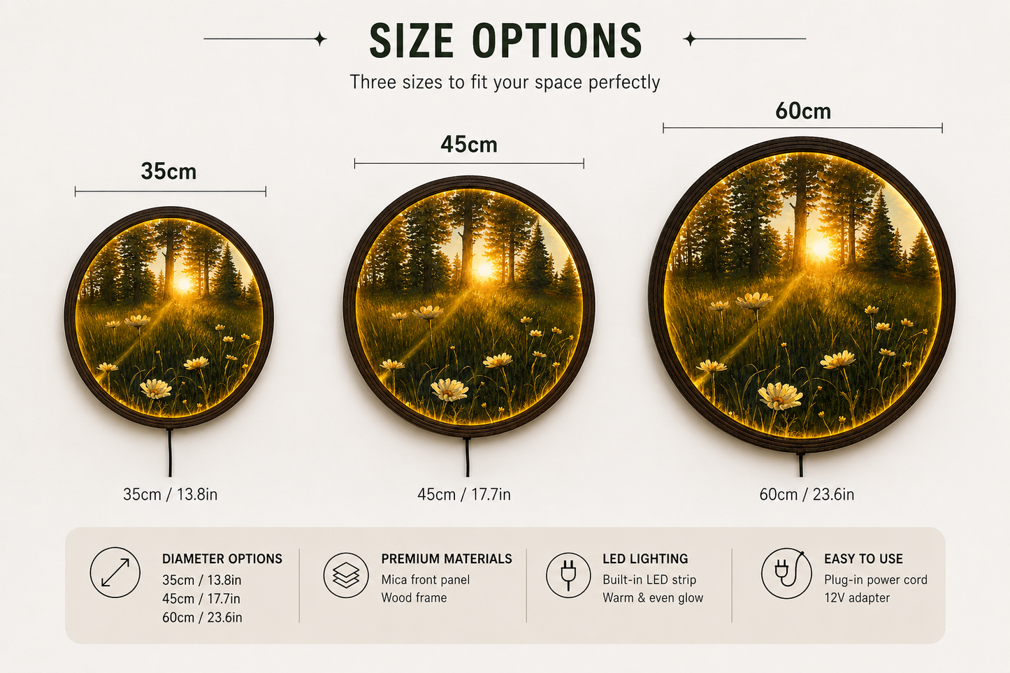 LED Forest Sunset Round Wall Art – Glowing Nature Landscape Wall Decor with Wooden Frame
