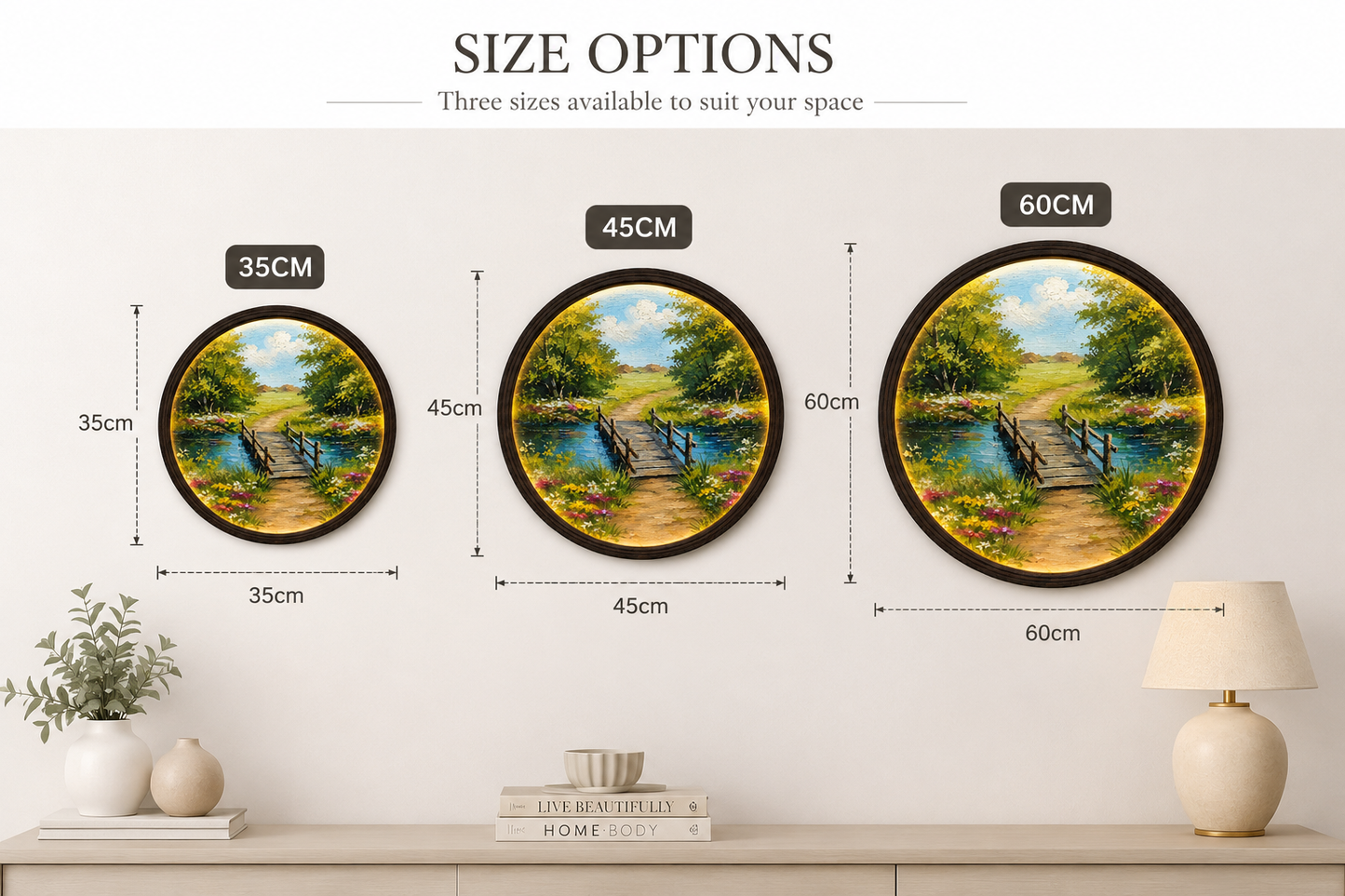 LED Lighted Round Landscape Wall Art – Rustic Wooden Bridge Nature Decor