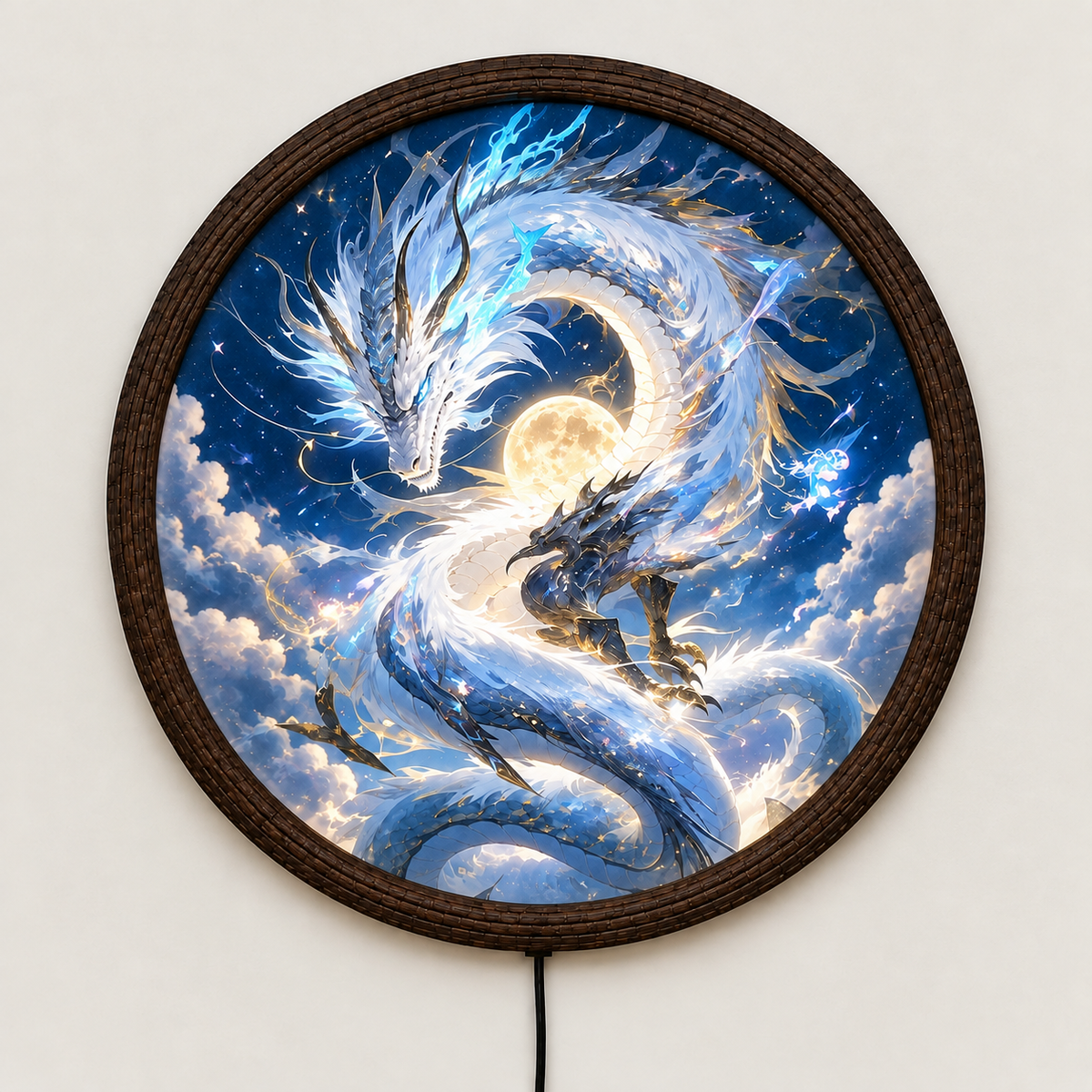 Illuminated Celestial Dragon Round LED Wall Art – Wooden Frame, Fantasy Home Decor