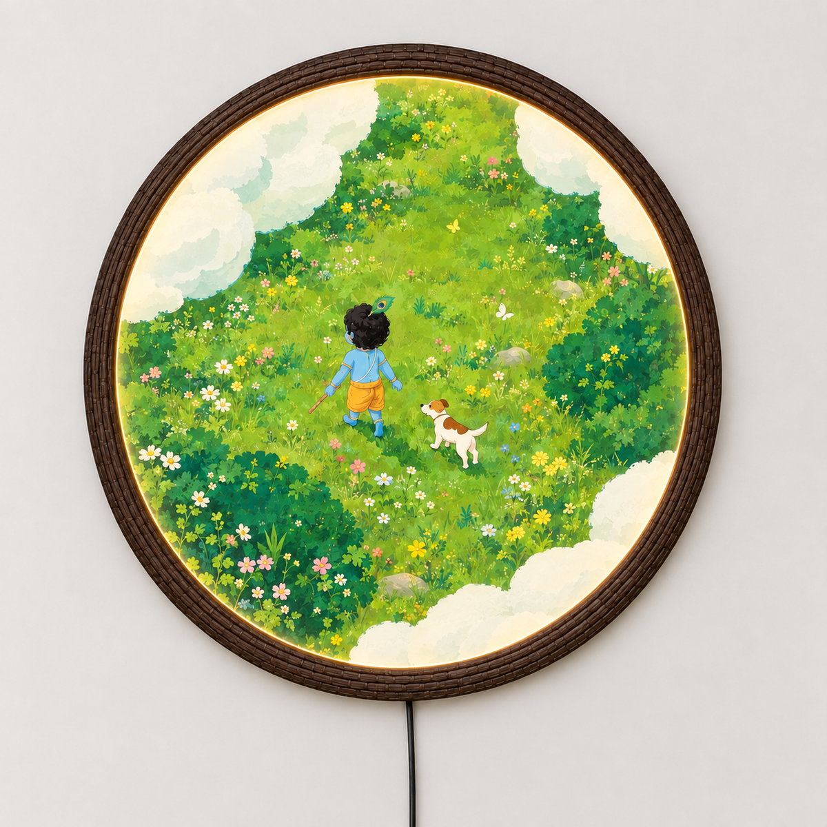 Whimsical Forest Boy & Dog LED Round Wall Art – Illuminated Nature Wall Decor