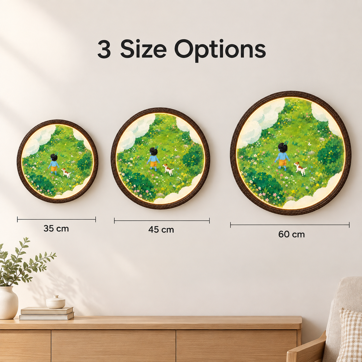 Whimsical Forest Boy & Dog LED Round Wall Art – Illuminated Nature Wall Decor