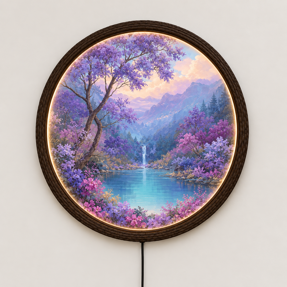 Enchanted Purple Blossom Mountain Lake LED Wall Art – Round Illuminated Wall Decor