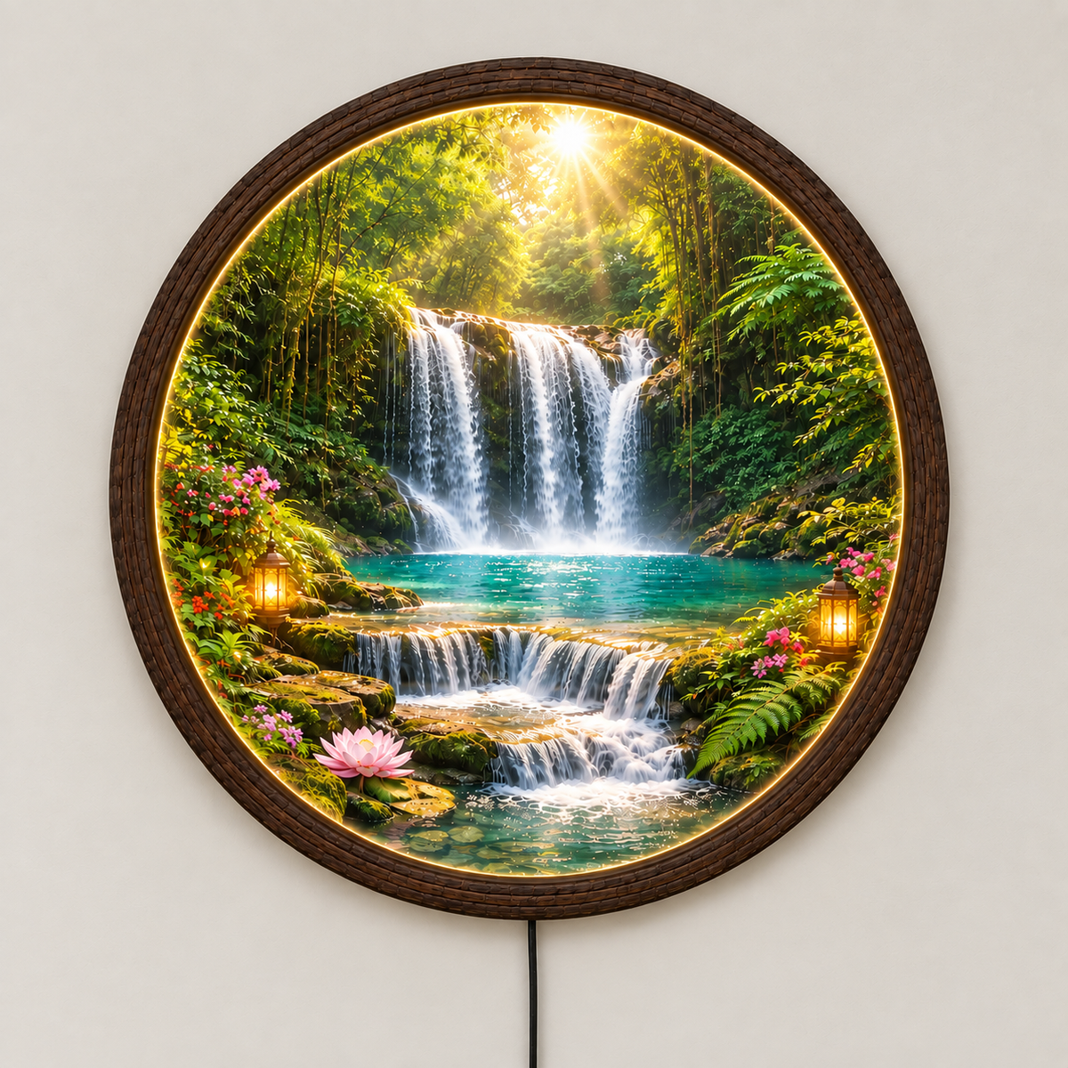 Waterfall Forest LED Wall Art – Round Illuminated Nature Wall Decor