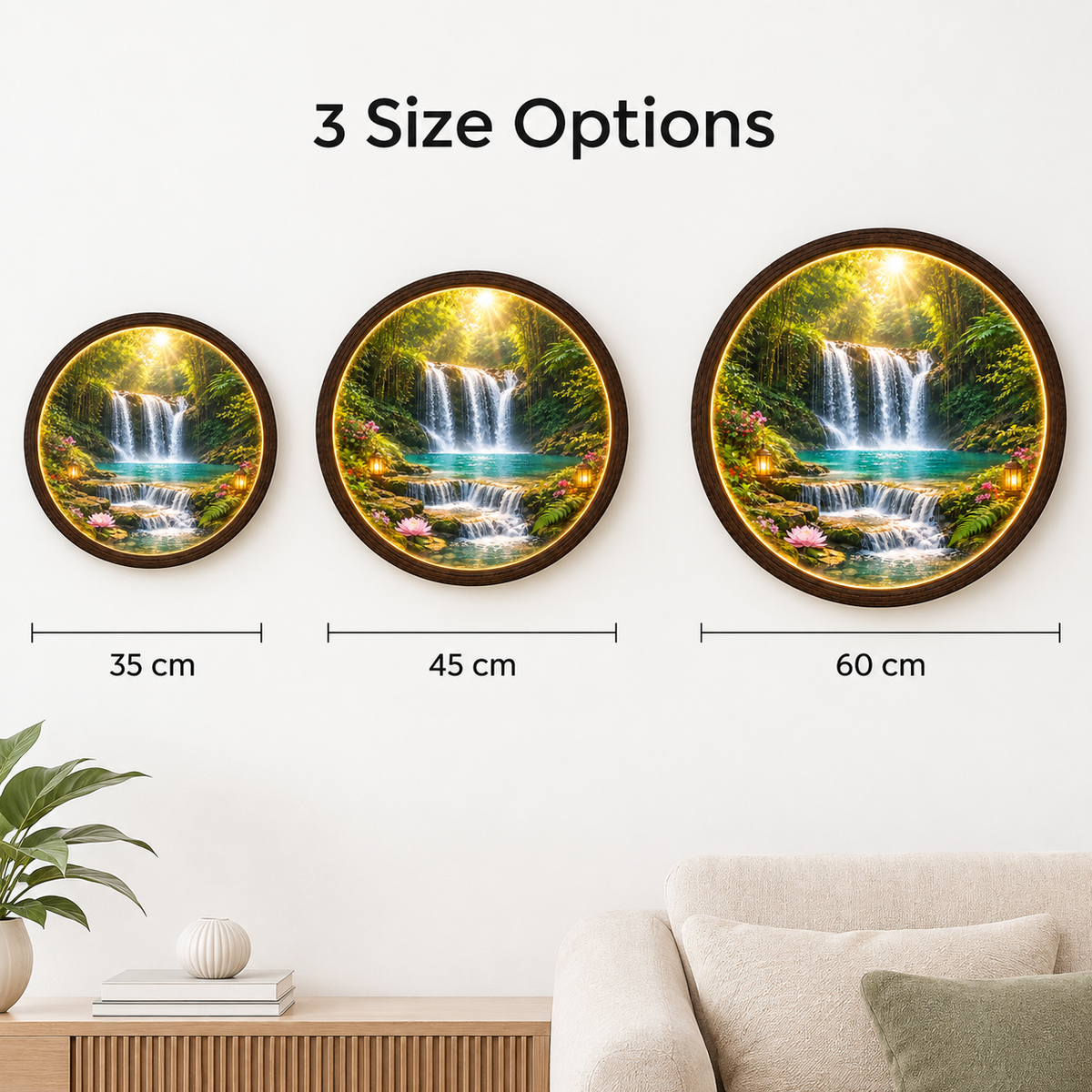 Waterfall Forest LED Wall Art – Round Illuminated Nature Wall Decor