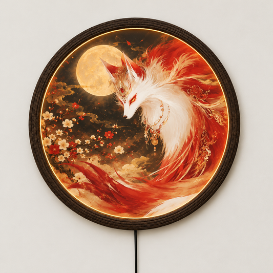 Nine-Tailed Kitsune Fox LED Wall Art Light - Illuminated Round Asian Home Decor