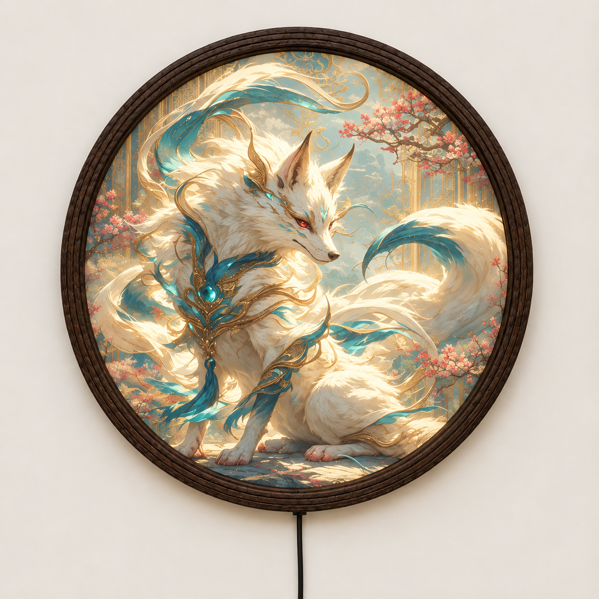 Mythical White Fox LED Wall Art – Illuminated Round Acrylic Light Painting Wall Decor