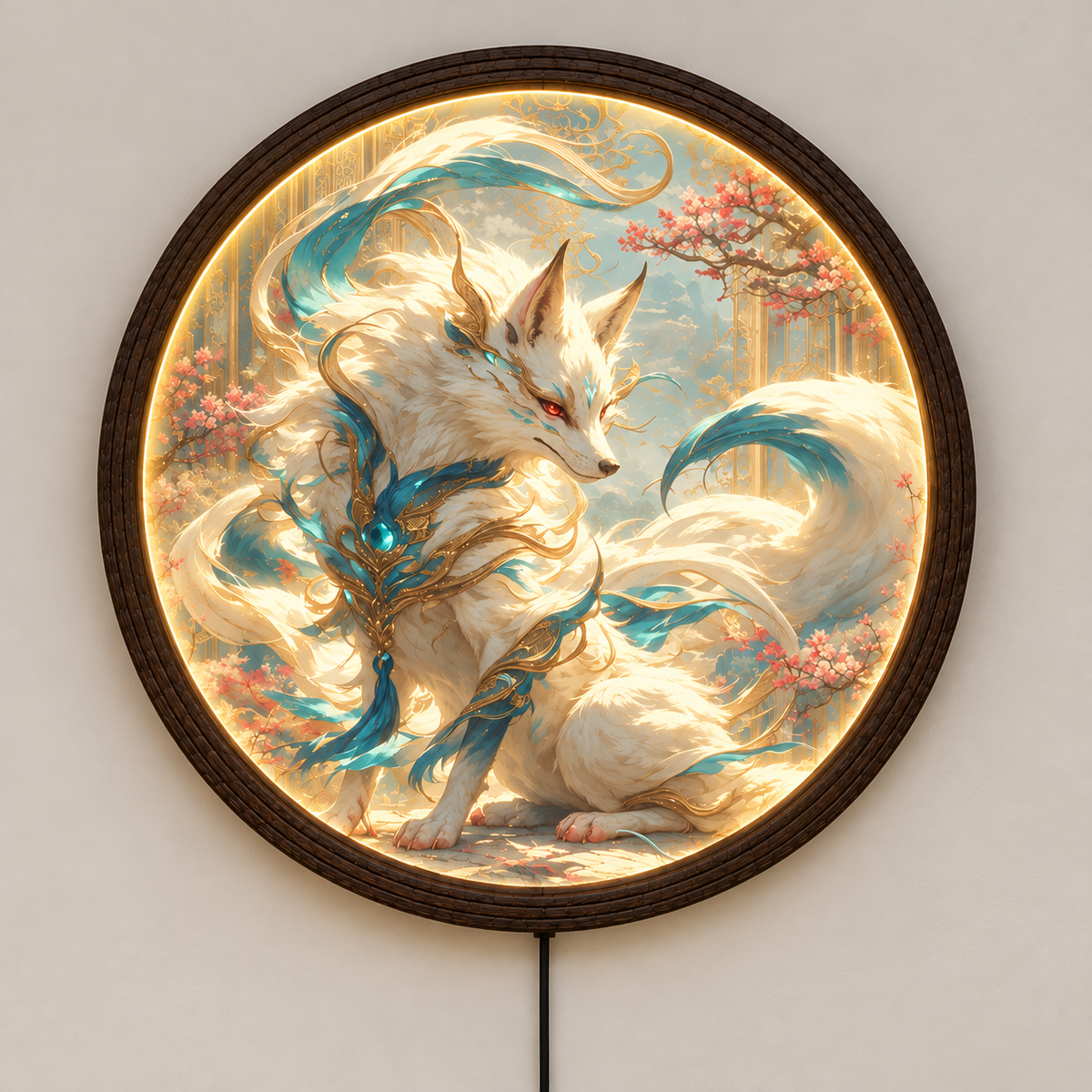 Mythical White Fox LED Wall Art – Illuminated Round Acrylic Light Painting Wall Decor
