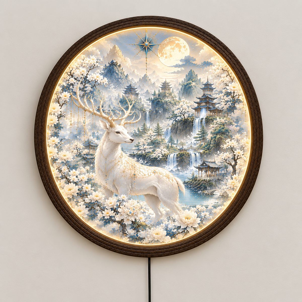 Enchanted White Deer LED Wall Lamp, Round Fantasy Landscape Light, Chinese Pagoda & Moon Home Decor
