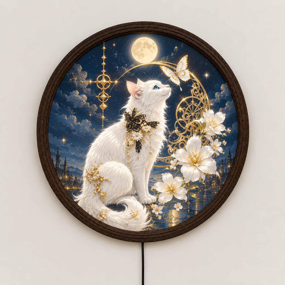 Mystical White Cat LED Wall Art – Round Illuminated Home Decor