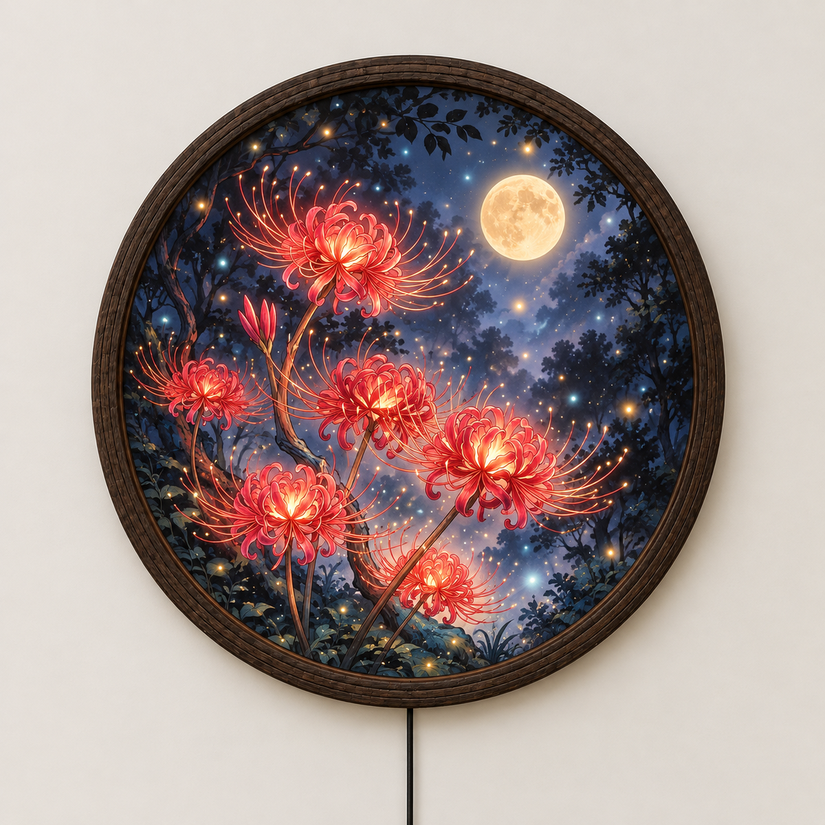 Round LED Wall Art with Red Spider Lilies and Moon – Japanese-Inspired Illuminated Wall Decor