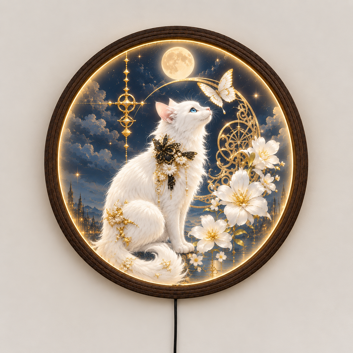 Mystical White Cat LED Wall Art – Round Illuminated Home Decor