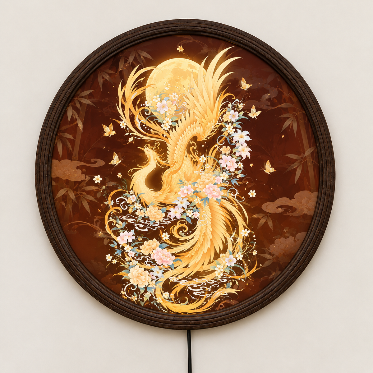 Golden Phoenix Round LED Wall Art, Illuminated Wooden Frame Light for Luxury Home Decor