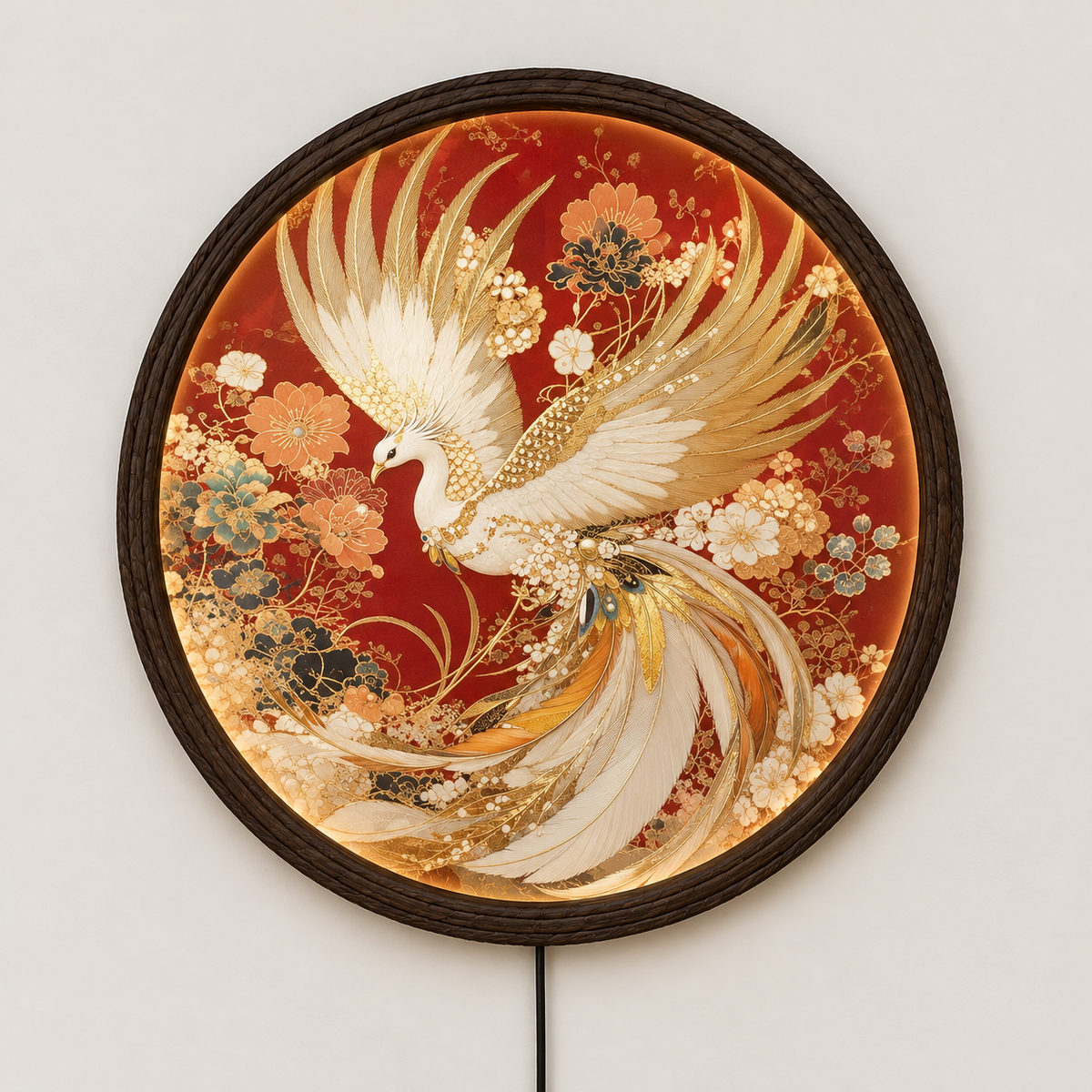 Round LED Phoenix Wall Lamp, Golden Bird Illuminated Wall Art, Oriental Floral Home Decor