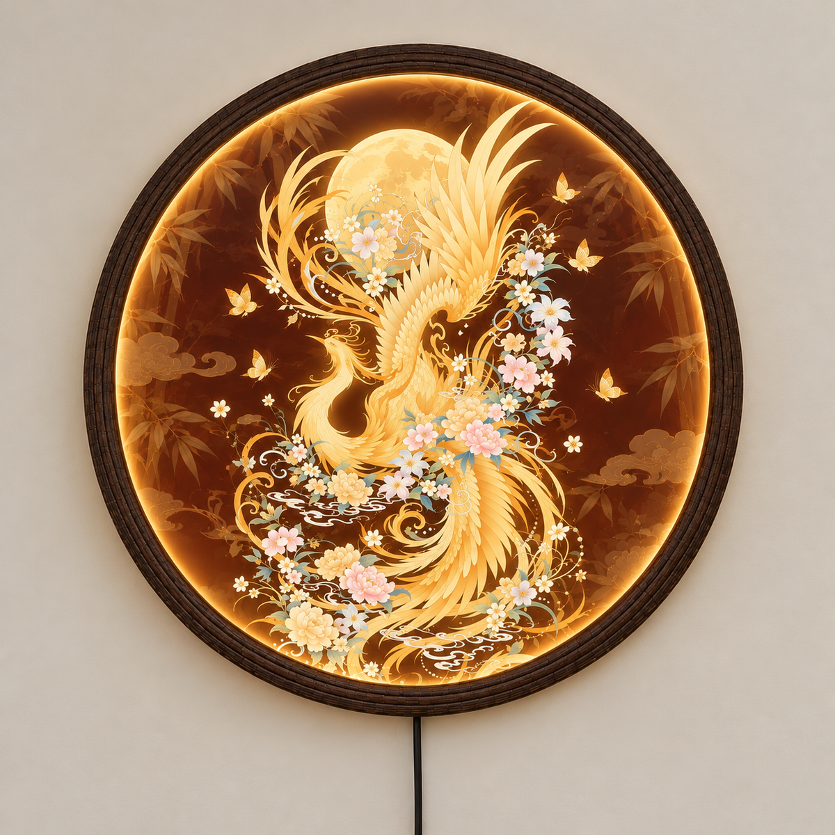 Golden Phoenix Round LED Wall Art, Illuminated Wooden Frame Light for Luxury Home Decor