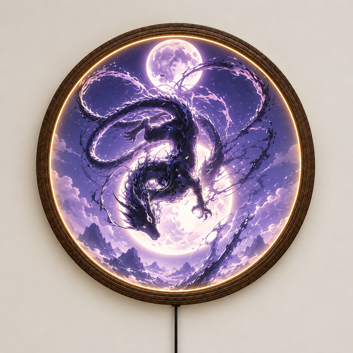 Purple Dragon LED Wall Art – Round Moon Fantasy Light Decor