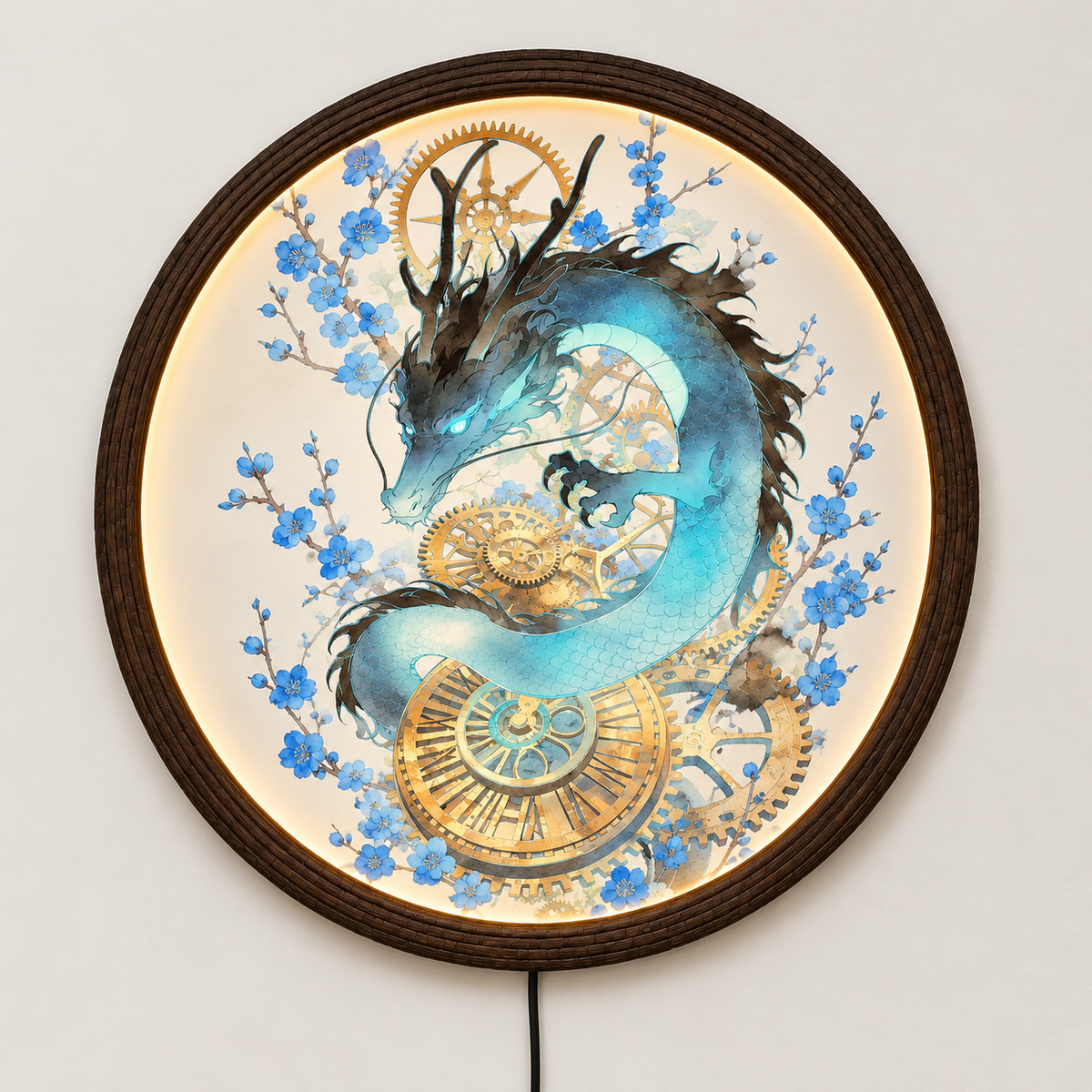 Blue Dragon LED Wall Light, Steampunk Gear Round Wall Art, Japanese Cherry Blossom Wall Decor, Modern Fantasy Home Lighting