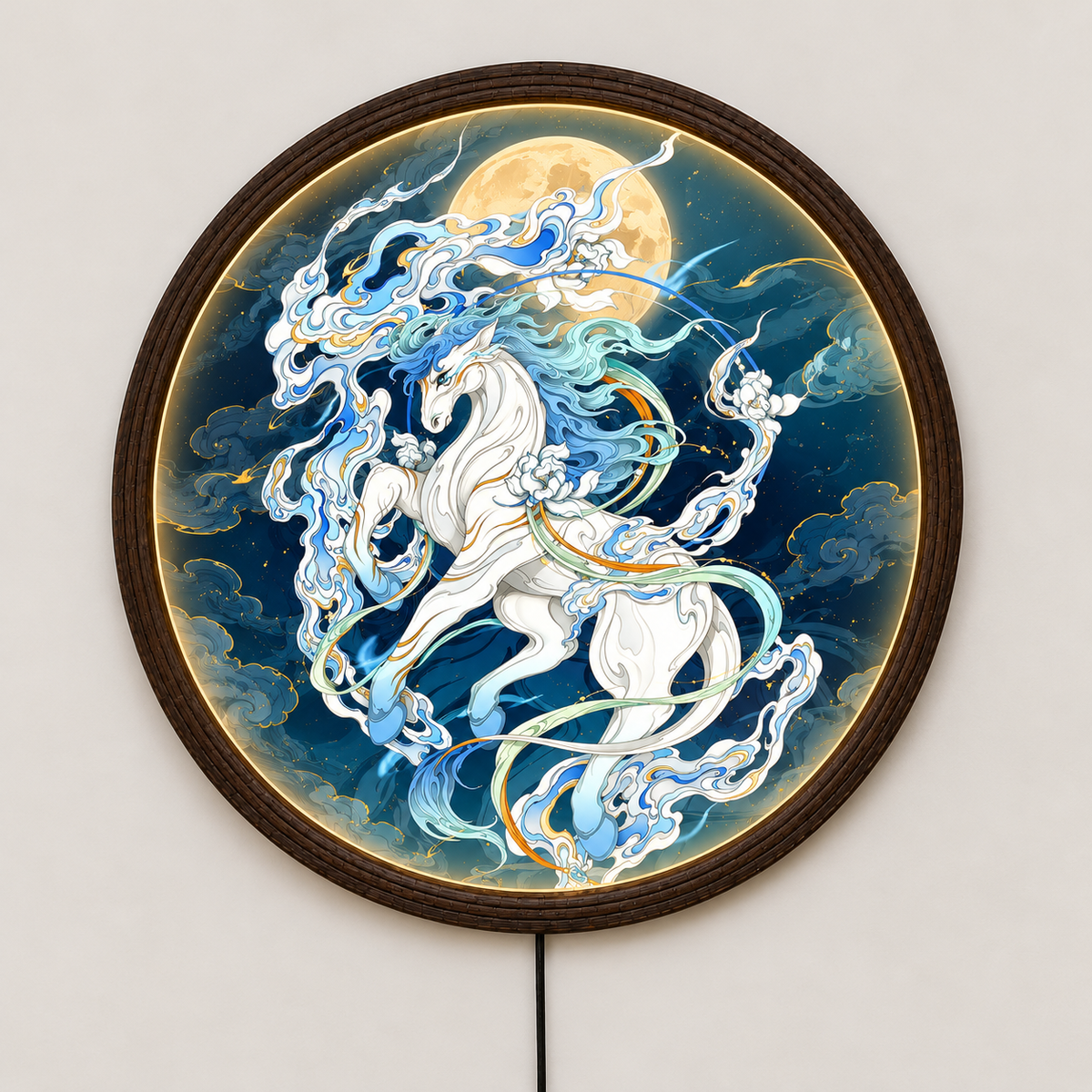 Luminous Celestial Pegasus LED Wall Art – Illuminated Round Cosmic Horse Decor