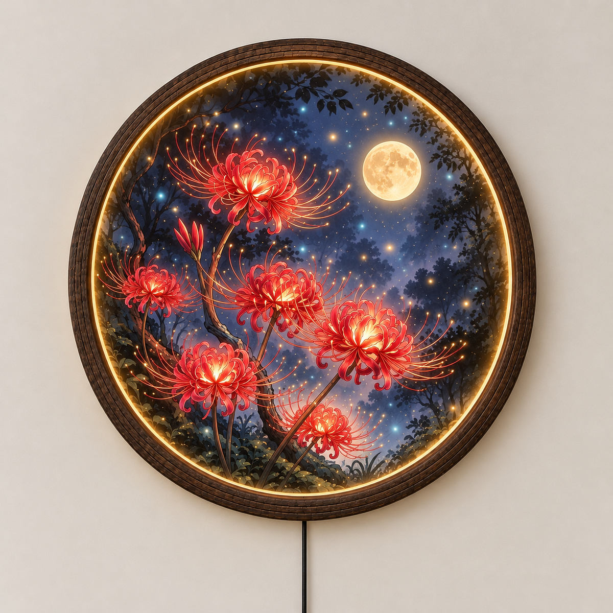 Round LED Wall Art with Red Spider Lilies and Moon – Japanese-Inspired Illuminated Wall Decor