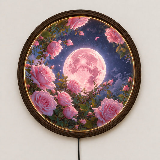 Pink Moon & Rose Garden LED Round Wall Art – Illuminated Floral Wall Decor