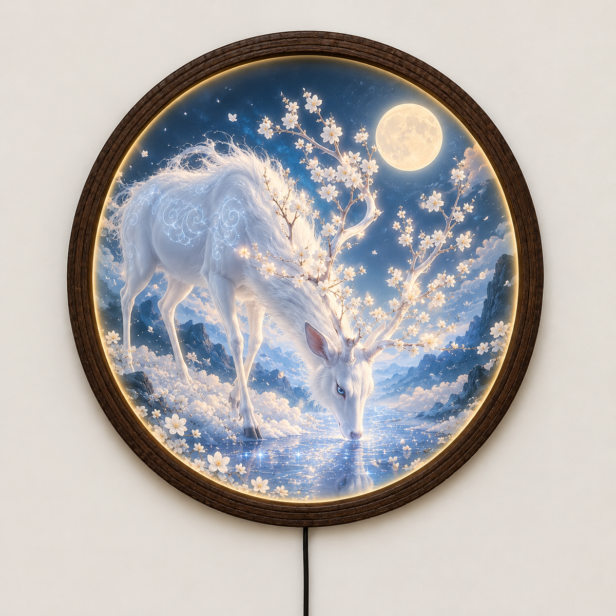 White Deer Moonlight LED Round Wall Lamp, Cherry Blossom & Moon Fantasy Wall Art, Wooden Frame Decorative Light for Bedroom and Living Room