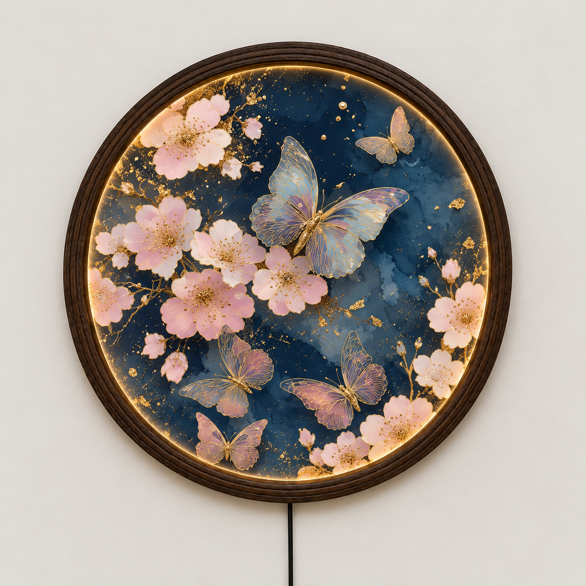 Round Butterfly & Cherry Blossom LED Wall Art – Illuminated Floral Wall Decor