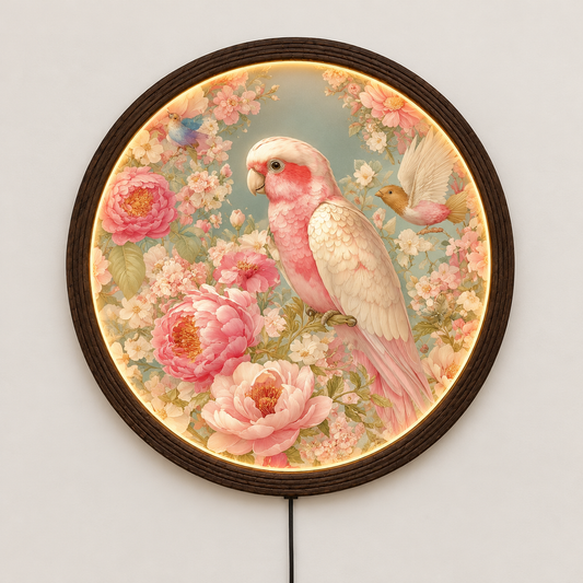 Round LED Wall Art Light with Pink Birds & Floral Design – Rustic Wood Frame Home Decor